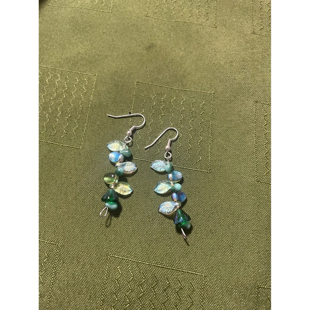 Handmade Beaded Leaf Flower Drop Earrings Iridescent Teal Blue Green Dangle